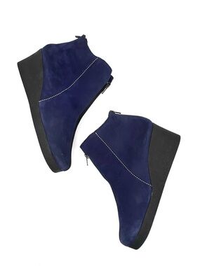 Arche Wedge Ankle Boots Navy Blue Nubuck Leather Size 9.5 Double Zip Booties